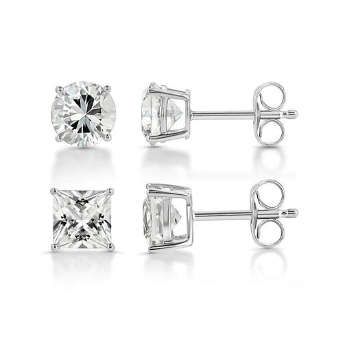 18k White Gold 2 Pair Moissanite Round & Princess Cut Stud Earrings Plated 6mm By Paris Jewelry