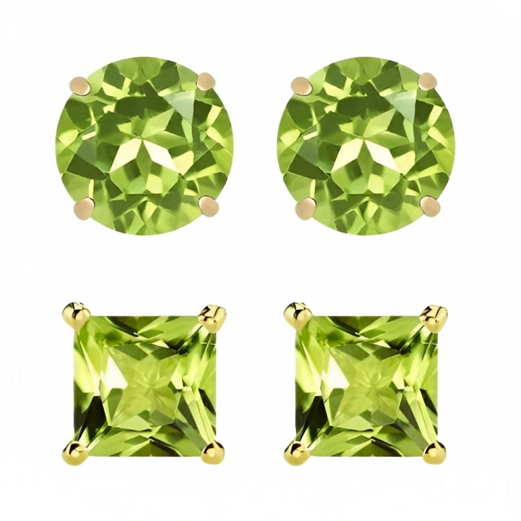 Paris Jewelry 18k Yellow Gold 2 Pair Created Peridot 4mm, 6mm Round & Princess Cut Stud Earrings Plated
