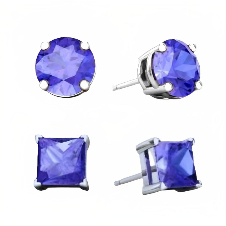 Paris Jewelry 18k White Gold 2 Pair Created Tanzanite 4mm Round & Princess Cut Stud Earrings Plated