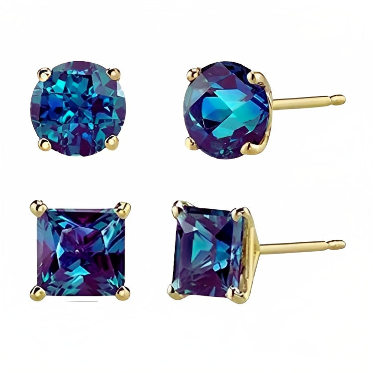 Paris Jewelry 18k Yellow Gold 2 Pair Created Alexandrite 4mm Round & Princess Cut Stud Earrings Plated