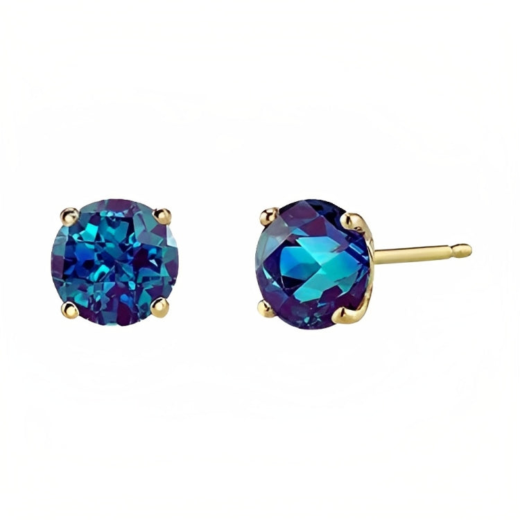 Paris Jewelry 18k Yellow Gold 2 Pair Created Alexandrite 4mm Round & Princess Cut Stud Earrings Plated
