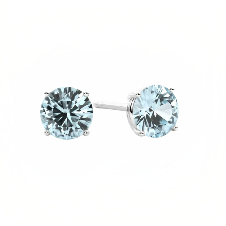 Paris Jewelry 18k White Gold 2 Pair Created Aquamarine 4mm, 6mm Round & Princess Cut Stud Earrings Plated