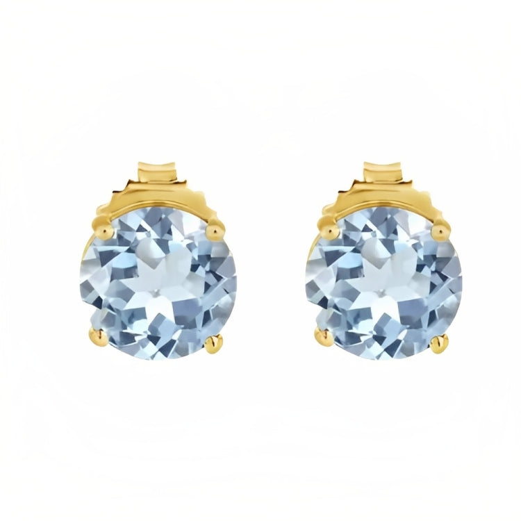 Paris Jewelry 18k Yellow Gold 2 Pair Created Aquamarine 4mm, 6mm Round & Princess Cut Stud Earrings Plated