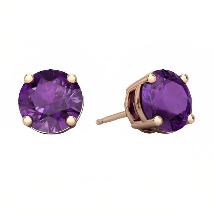 Paris Jewelry 18k Rose Gold 2 Pair Created Amethyst 4mm, 6mm Round & Princess Cut Stud Earrings Plated