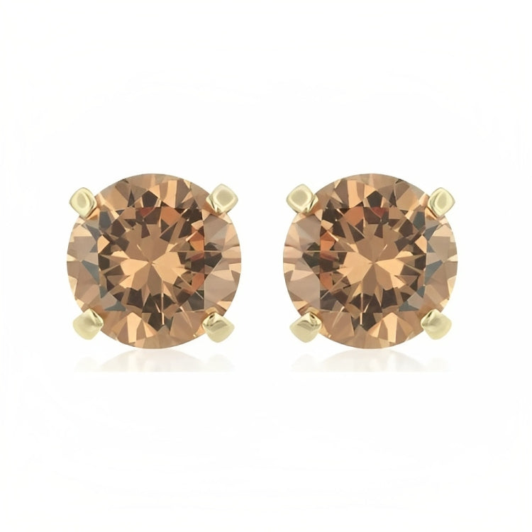 Paris Jewelry 18k Yellow Gold 2 Pair Created Champagne 4mm, 6mm Round & Princess Cut Stud Earrings Plated