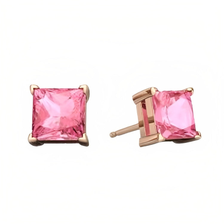 Paris Jewelry 18k Rose Gold 2 Pair Created Pink Sapphire 4mm, 6mm Round & Princess Cut Stud Earrings Plated