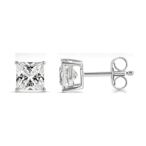 18k White Gold 2 Pair Moissanite Round & Princess Cut Stud Earrings Plated 6mm By Paris Jewelry