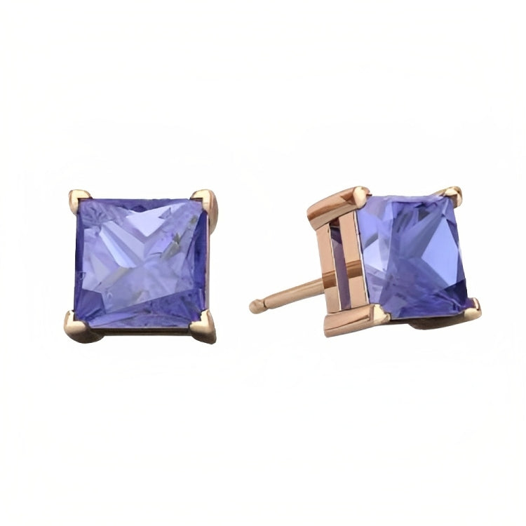 Paris Jewelry 18k Rose Gold 2 Pair Created Tanzanite 4mm, 6mm Round & Princess Cut Stud Earrings Plated