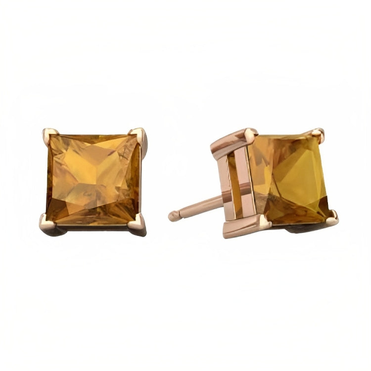 Paris Jewelry 18k Rose Gold 2 Pair Created Citrine 6mm Round & Princess Cut Stud Earrings Plated