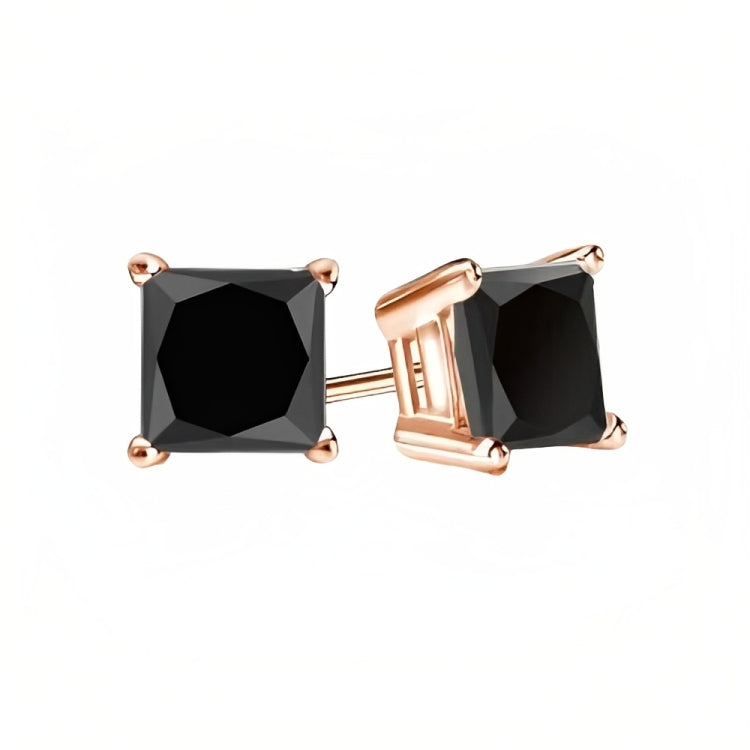 18k Rose Gold 2 Pair Black Moissanite Round & Princess Cut Stud Earrings Plated 4mm By Paris Jewelry