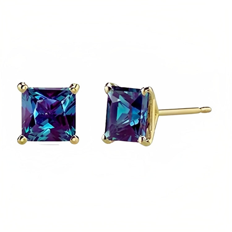 Paris Jewelry 18k Yellow Gold 2 Pair Created Alexandrite 4mm Round & Princess Cut Stud Earrings Plated