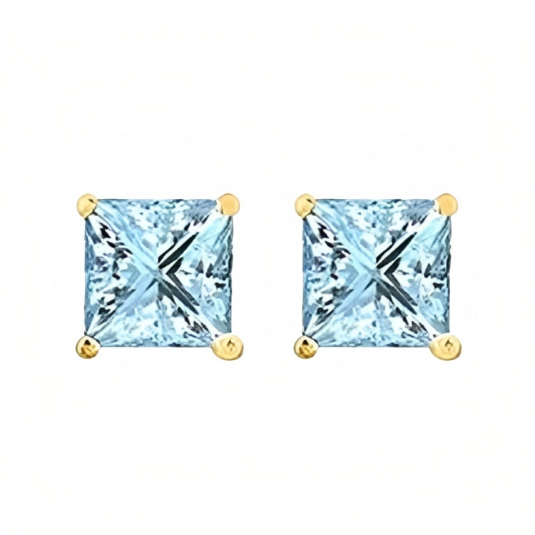 Paris Jewelry 18k Yellow Gold 2 Pair Created Aquamarine 4mm, 6mm Round & Princess Cut Stud Earrings Plated