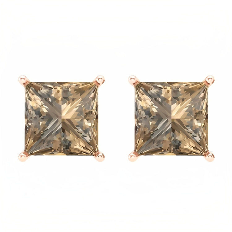 Paris Jewelry 18k Rose Gold 2 Pair Created Champagne 4mm, 6mm Round & Princess Cut Stud Earrings Plated