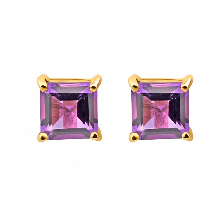 Paris Jewelry 18k Yellow Gold 2 Pair Created Amethyst 4mm, 6mm Round & Princess Cut Stud Earrings Plated
