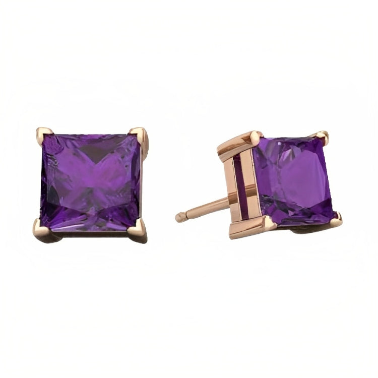 Paris Jewelry 18k Rose Gold 2 Pair Created Amethyst 4mm Round & Princess Cut Stud Earrings Plated