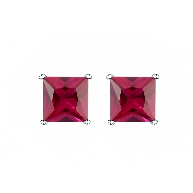 Paris Jewelry 18k White Gold 2 Pair Created Ruby 4mm Round & Princess Cut Stud Earrings Plated