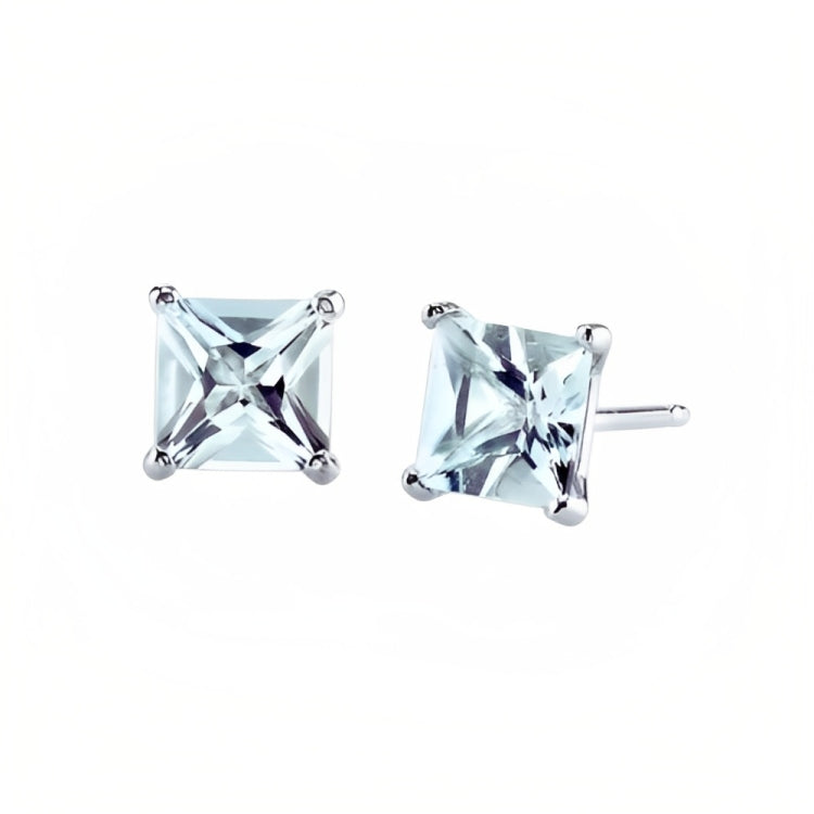 Paris Jewelry 18k White Gold 2 Pair Created Aquamarine 4mm, 6mm Round & Princess Cut Stud Earrings Plated
