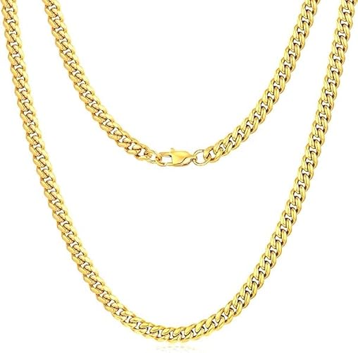 Paris Jewelry 24K Yellow Gold Chain Men Chunky Miami Cuban Chain Necklace, Available in 6/10/mm Width, 18/20/22/24/26/28/30 inch Length, Plated