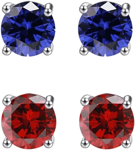 18k White Gold Plated 3Ct Created Blue sapphire and Ruby 2 Pair Round Stud Earrings