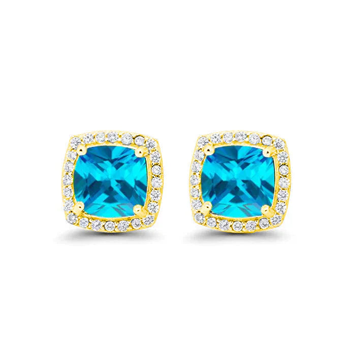 Paris Jewelry 18k Yellow Gold 1 Carat Created Halo Princess Sapphire Birthstone Stud Earrings All Colors Plated