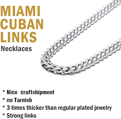 Paris Jewelry 24K White Gold Chain Men Chunky Miami Cuban Chain Necklace, Available in 6/10/mm Width, 18/20/22/24/26/28/30 inch Length, Plated