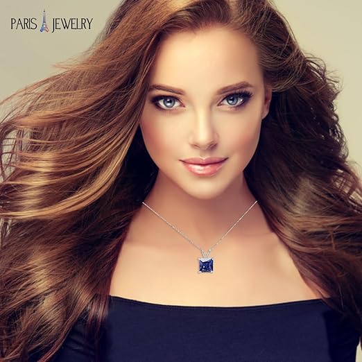 18K White Gold 4 Carat Created Blue Sapphire Princess Stud Necklace Plated 18 inch