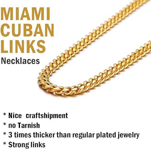 Paris Jewelry 24K Yellow Gold Chain Men Chunky Miami Cuban Chain Necklace, Available in 6/10/mm Width, 18/20/22/24/26/28/30 inch Length, Plated
