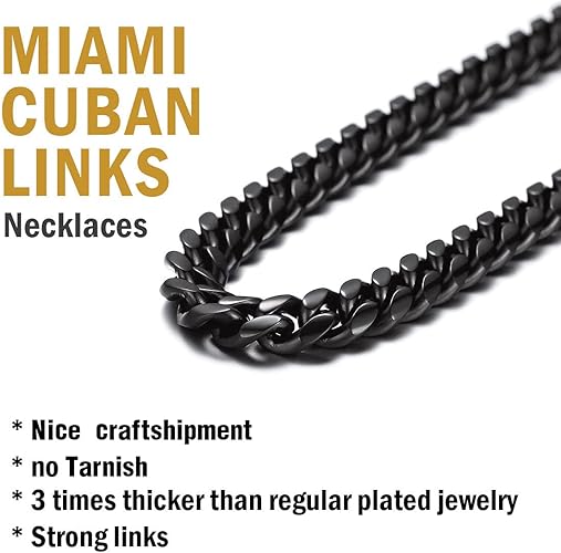 Paris Jewelry 24K Black Gold Chain Men Chunky Miami Cuban Chain Necklace, Available in 6/10/mm Width, 18/20/22/24/26/28/30 inch Length, Plated