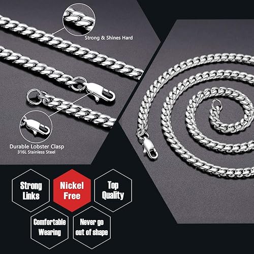 Paris Jewelry 24K White Gold Chain Men Chunky Miami Cuban Chain Necklace, Available in 6/10/mm Width, 18/20/22/24/26/28/30 inch Length, Plated