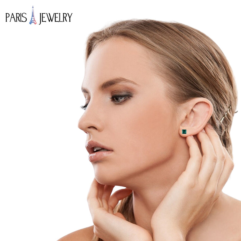 18k White Gold Plated 3Cttw 8mm Created Emerald 3 Pair Round, Square and Heart Stud Earrings