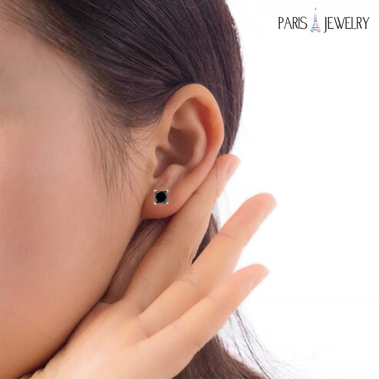 14K Yellow Solid Gold Created Black Princess Sapphire Stud Earrings 6mm