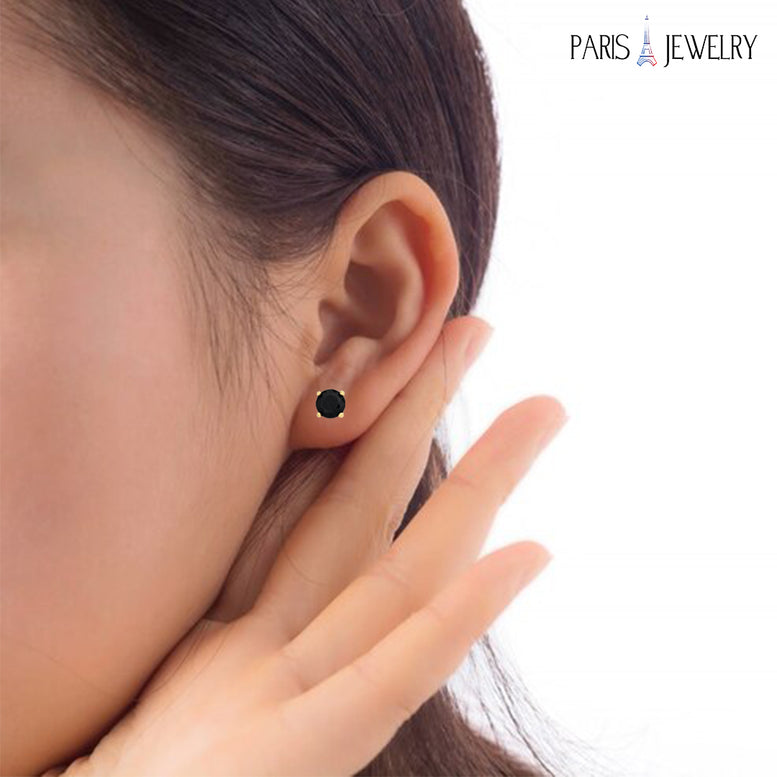 14k Yellow Gold Created Black Sapphire Round Stud Earrings 4mm