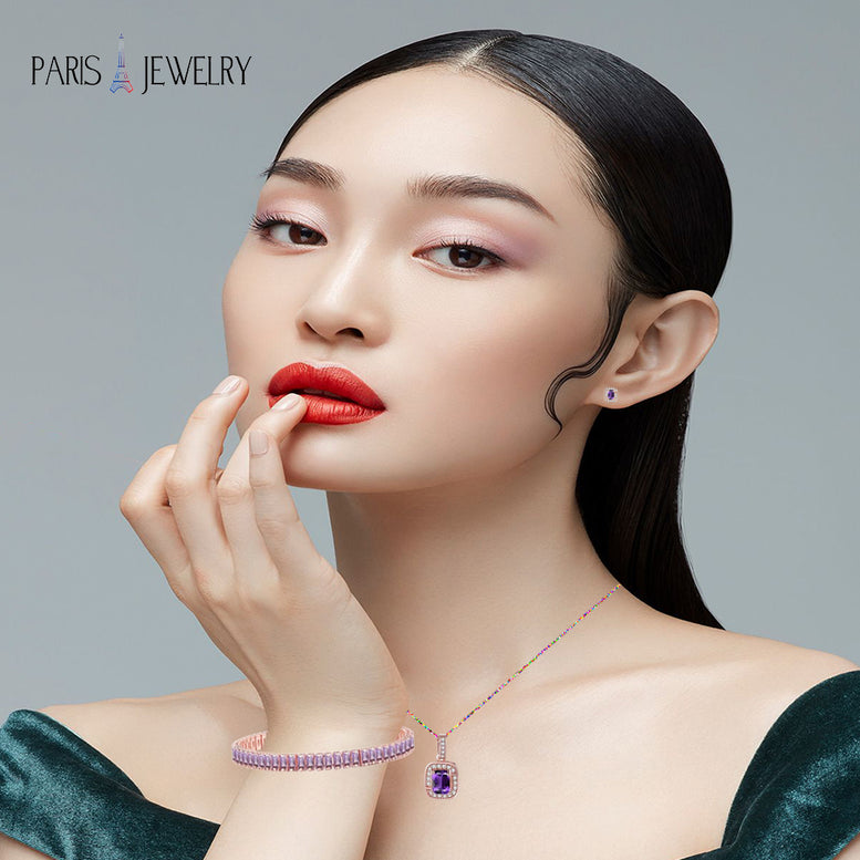 18K Rose Gold Created Amethyst Princess Halo Pendant Necklace, Earrings and Tennis Bracelet Jewelry Set Plated