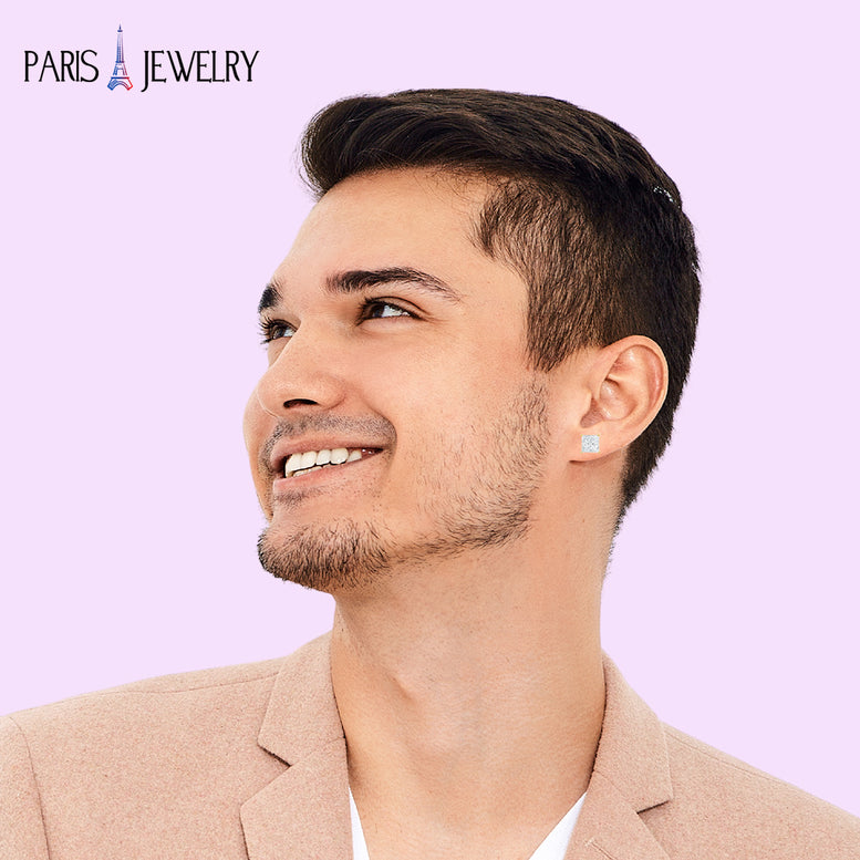 Paris Jewelry 14K Yellow Solid Gold Created White Diamond 1/4Ct, 1/2Ct, 1Ct, 2Ct, 3Ct Round And Princess Stud Earrings 2 Pairs for Men