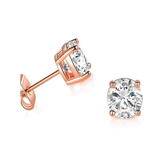 14K Rose Solid Gold Created White Sapphire Round 4mm Stud Earrings Plated by Paris Jewelry
