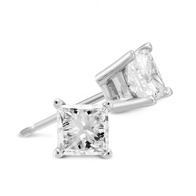 14k White Gold 3/4 Ct Solitaire Princess Plated White Diamond (G-H, I1) Stud Earrings by Paris Jewelry