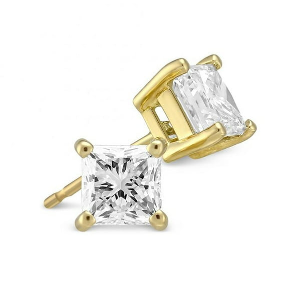14k Yellow Gold 3/4Ct Solitaire Princess Created White Diamond (G-H, I1) Stud Earrings Plated by Paris Jewelry