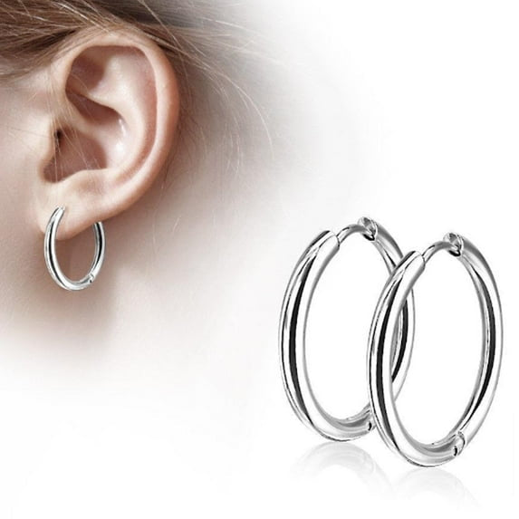 18K White Gold Hinge Seamless Hoop Earrings 10mm, 12mm, 14mm, 16mm, 20mm Plated by Paris Jewelry