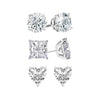 Paris Jewelry 18k White Gold Moissanite 3 Pair Round, Square & Heart Stud Earrings Plated 6mm for Women