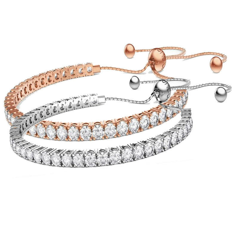 Paris Jewelry 24K Rose and White Gold 6ct Created White Sapphire Round Adjustable Tennis Bracelet Unisex Plated