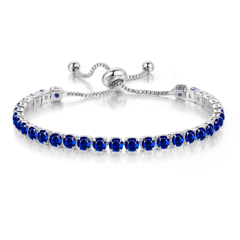 Paris Jewelry Women's 10k White Gold 6Ct Created Blue Sapphire Round Adjustable Tennis Bracelet Plated
