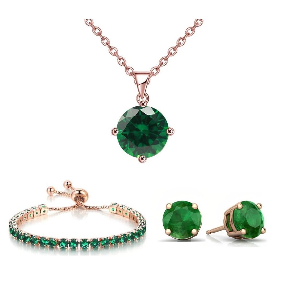 18K Rose Gold 3 Set Created Emerald Sapphire Round Necklace, Earrings and Tennis Bracelet Plated