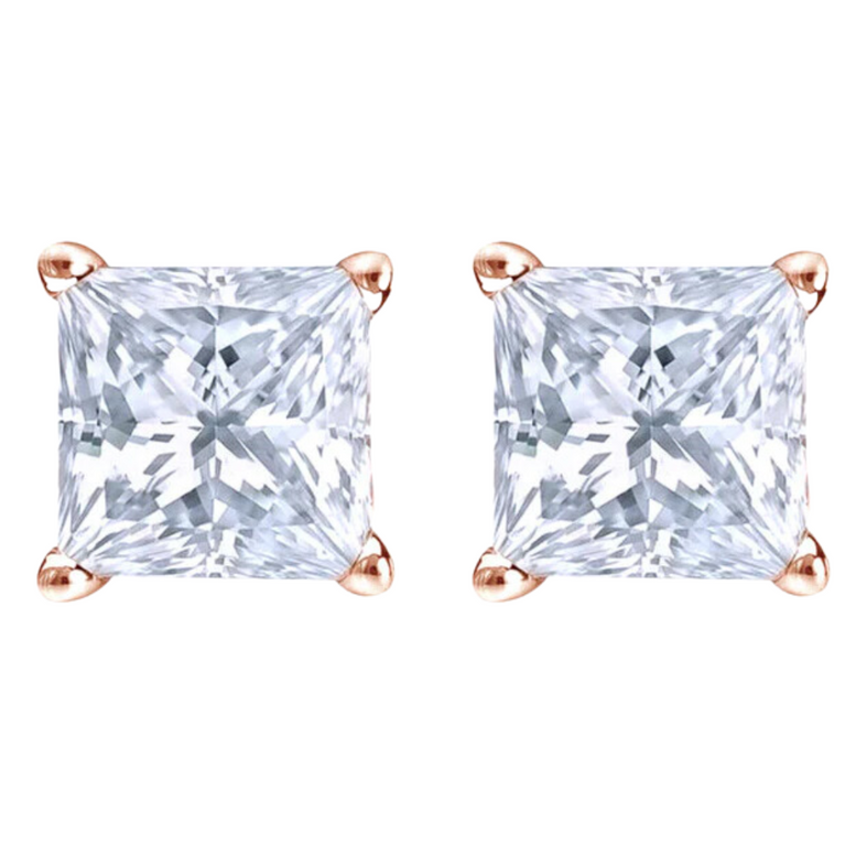 14k Rose Gold 1/4 Carat Solitaire Created Diamond 2 Pair Round and Princess Stud Earrings