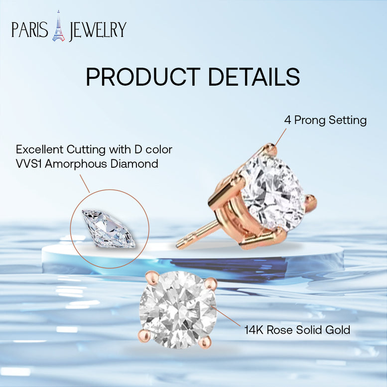 Paris Jewelry 14K Rose Solid Gold Created White Diamond Round 1/4Ct, 1/2Ct, 1Ct, 2Ct, 3Ct Stud Earrings - D/VVS1
