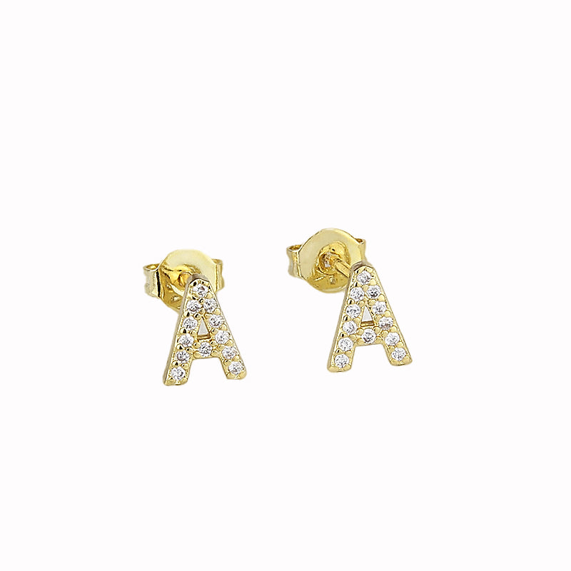14k Yellow Gold Created White Sapphire Initial A Letter Stud Earrings Plated