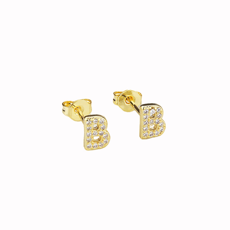 14k Yellow Gold Created White Sapphire Initial B Letter Stud Earrings Plated