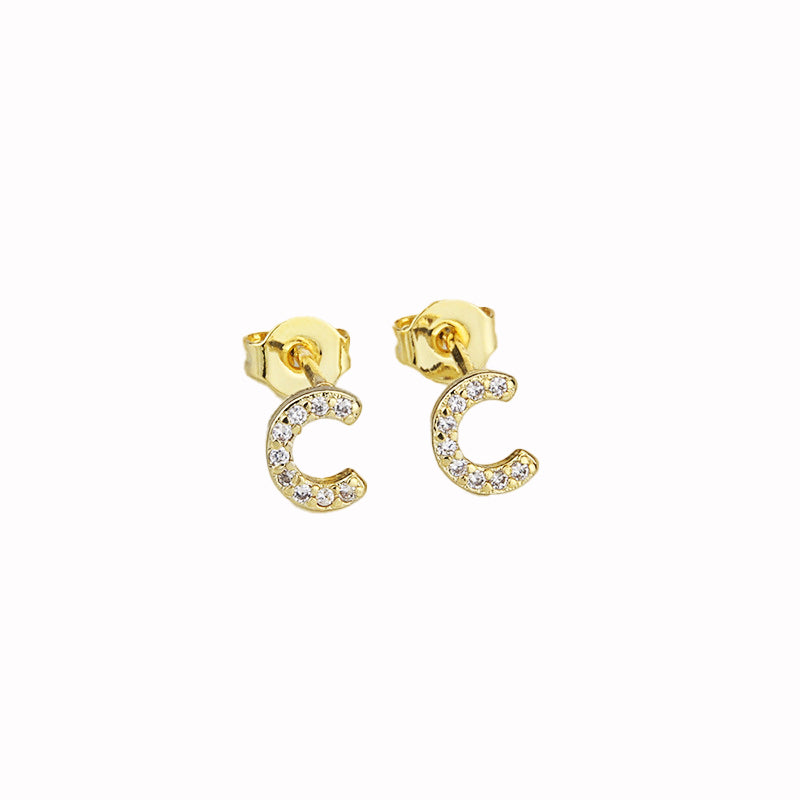 14k Yellow Gold Created White Sapphire Initial C Letter Stud Earrings Plated