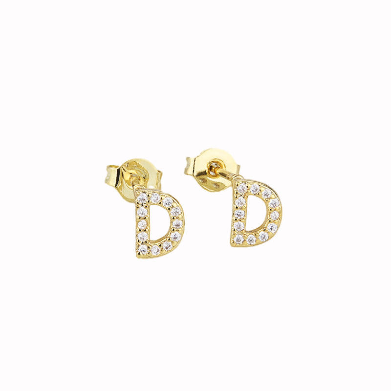 14k Yellow Gold Created White Sapphire Initial D Letter Stud Earrings Plated