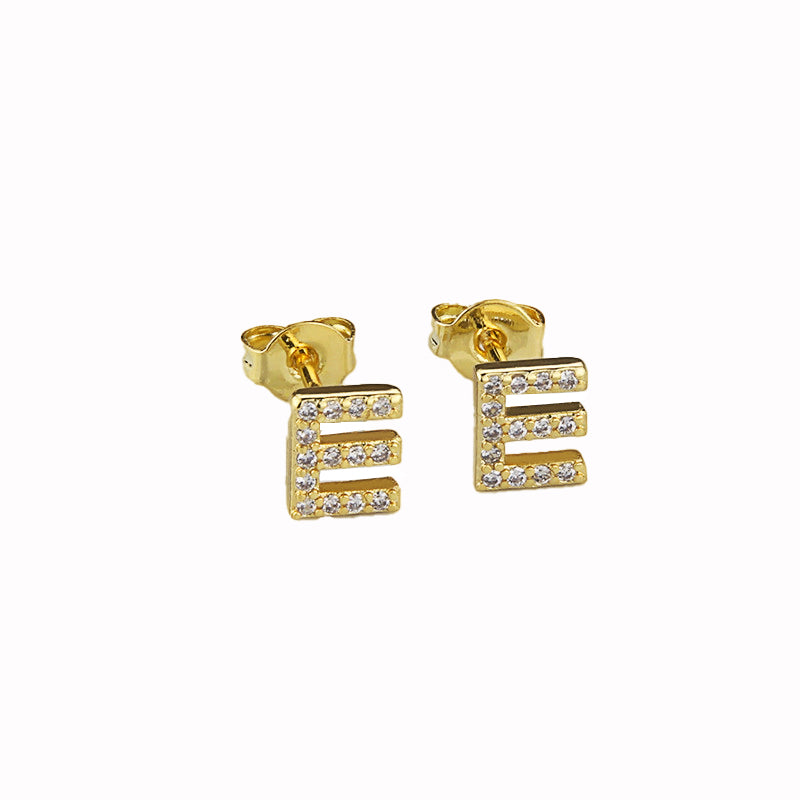 14k Yellow Gold Created White Sapphire Initial E Letter Stud Earrings Plated
