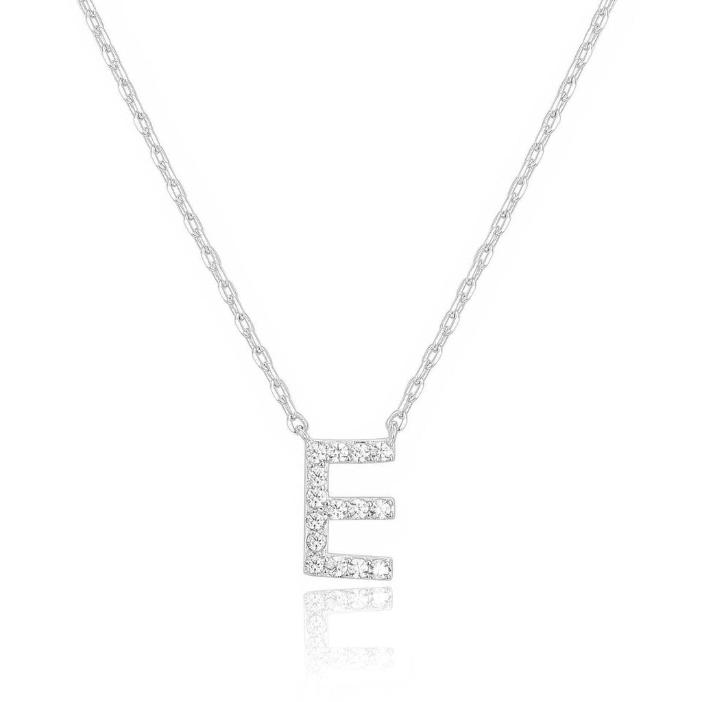 14k White Gold Created Diamond Initial E Letter Pendant Necklace Plated